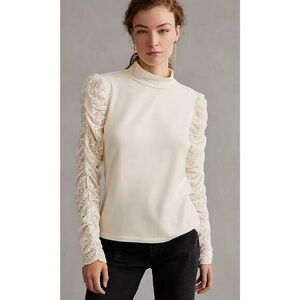 Anthropologie Maeve Lace Ruched Sleeve Blouse features sheer size XXSP